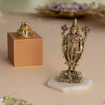 Balaji Charan with Shanku Chakra Namam – Gold Plated (2 Inch) with Brass Tirupati Balaji Idol (Venkateshwara) with Garuda Base (6 Inch) - Combo