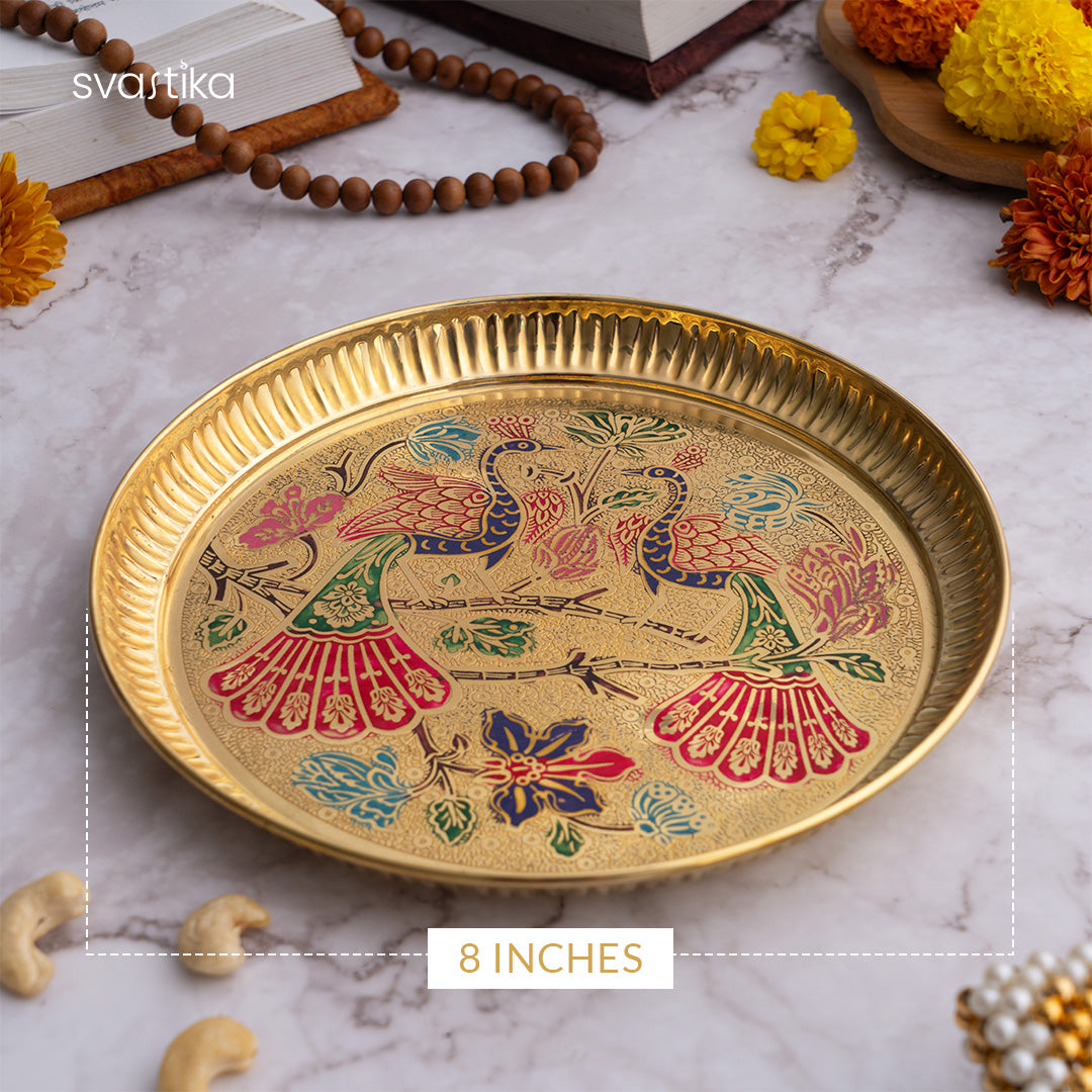 Brass Peacock Meenakari Pooja Thali 