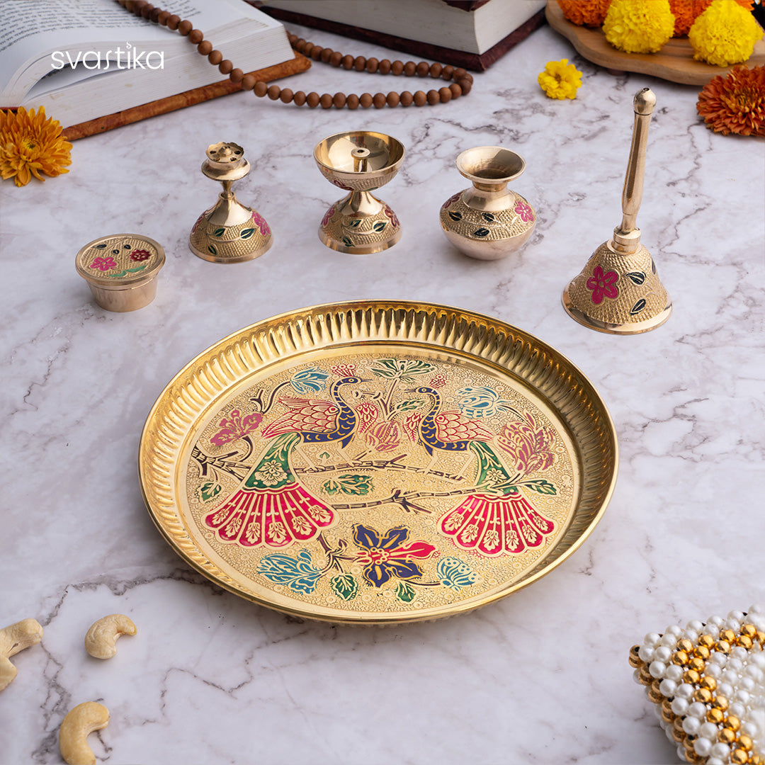 Brass Peacock Meenakari Pooja Thali 
