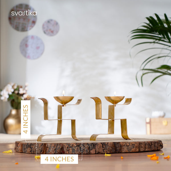 Brass Vertical Swastika Symbol Diyas (Set of 2) 4 inch