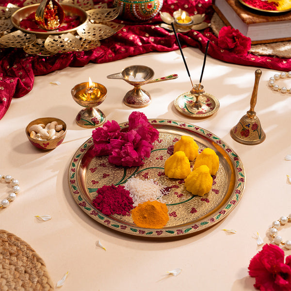 Brass Floral Meenakari Pooja Thali 