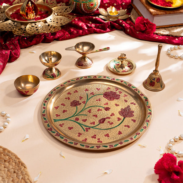 Brass Floral Meenakari Pooja Thali (10 Inch)