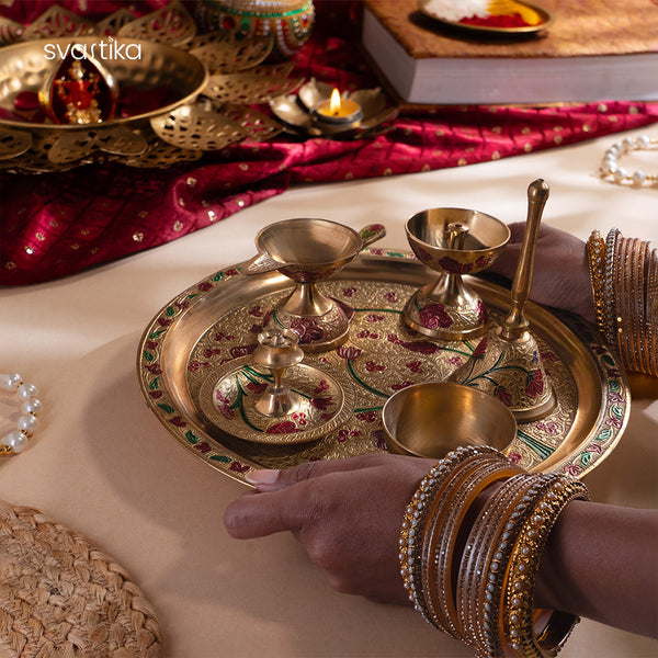 Brass Floral Meenakari Pooja Thali 