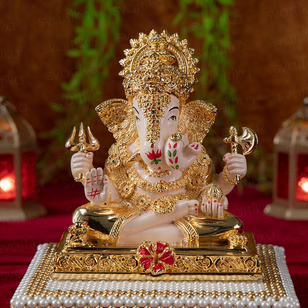 Dagdusheth Ganpati Murti With Chowki For Home - Gold Plated (7 Inch)