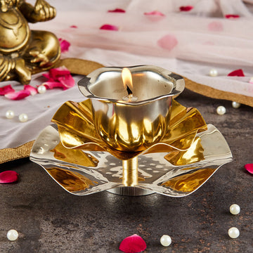 Brass Lotus Shaped Diya - Gold & Silver Finish (4 Inch)