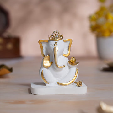 Elegant White & Gold Mukut Ganesh Idol For Car Dashboard (3.5 Inch)