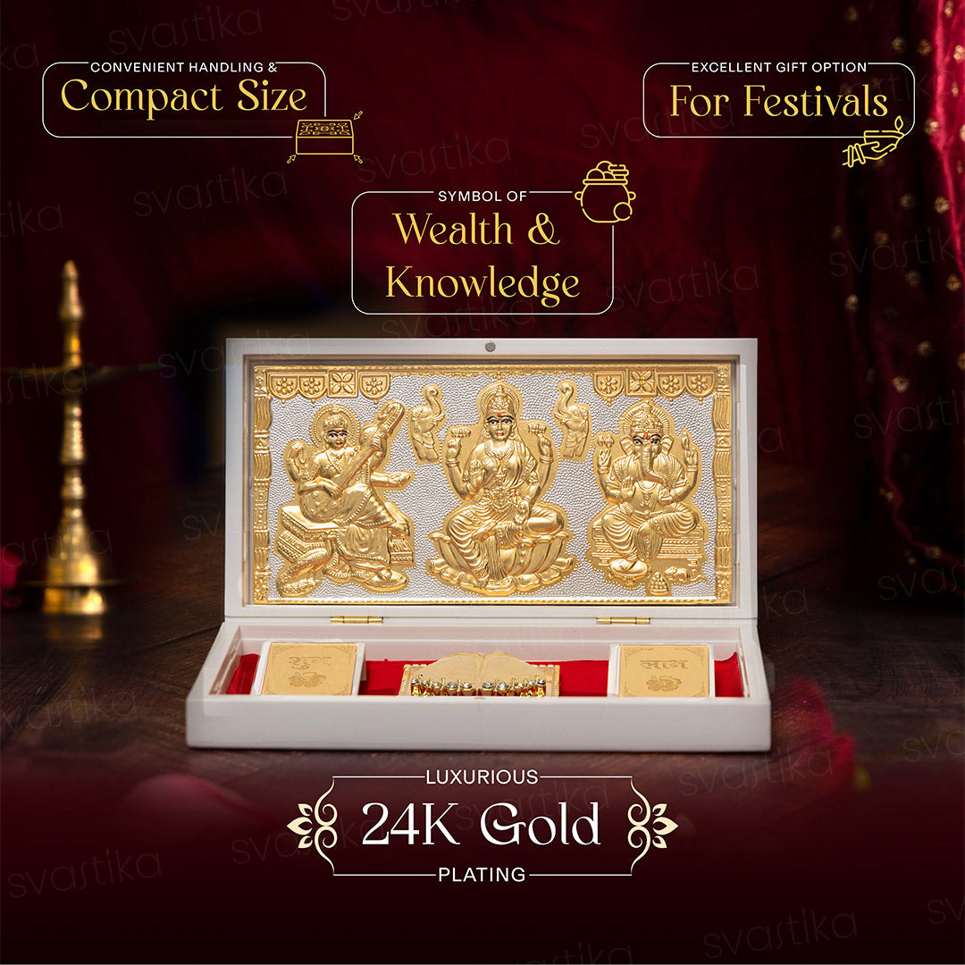 Puskara Ganesh Lakshmi Saraswati Pocket Temple - Gold Coated
