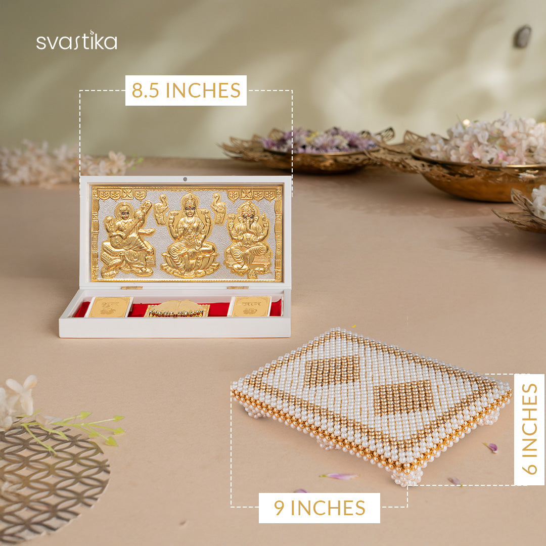 Ganesh Lakshmi Saraswati Pocket Temple - Gold Coated (Small) with White & Gold Pearl Pooja Chowki (9 Inch) - Combo