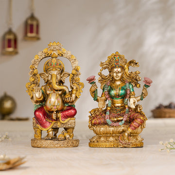 Ganesh Lakshmi Murti Pair – Antique Finish, 10 Inch