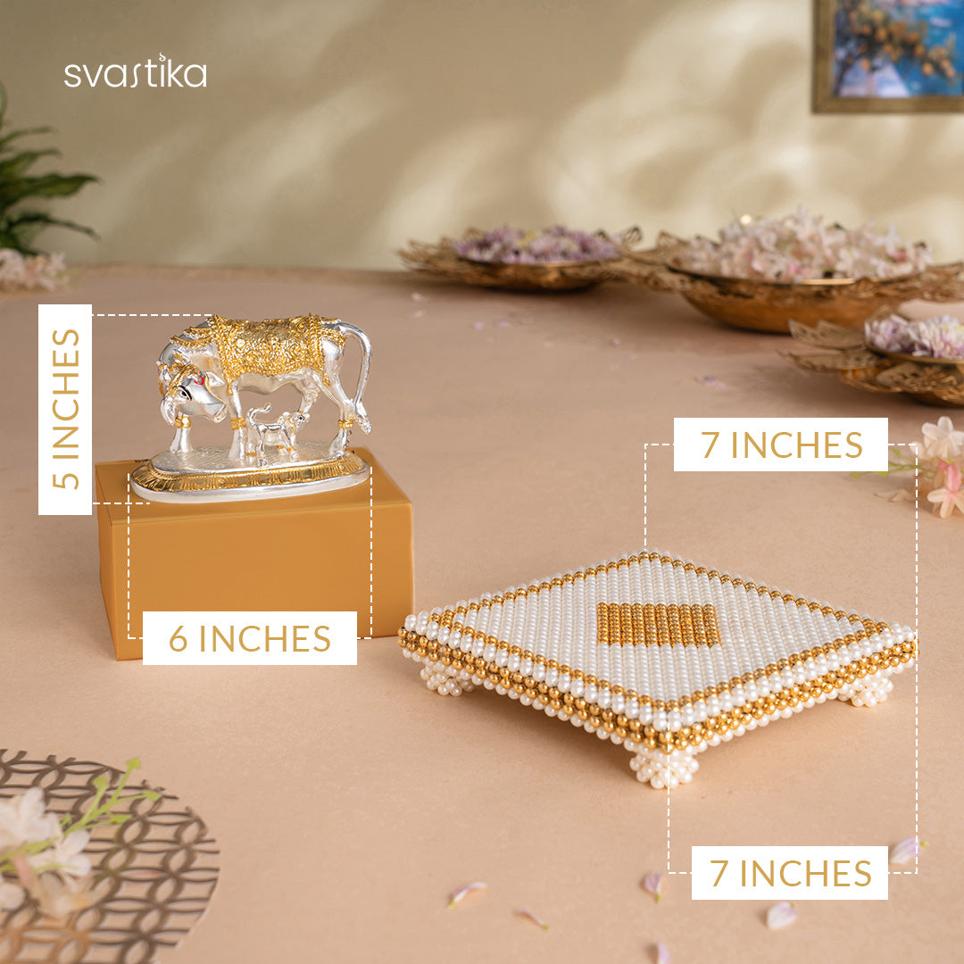 Kamdhenu Cow with Calf Idol - Gold & Silver Plated (3.5 Inch) with White & Gold Pearl Pooja Chowki (7 Inch) - Combo