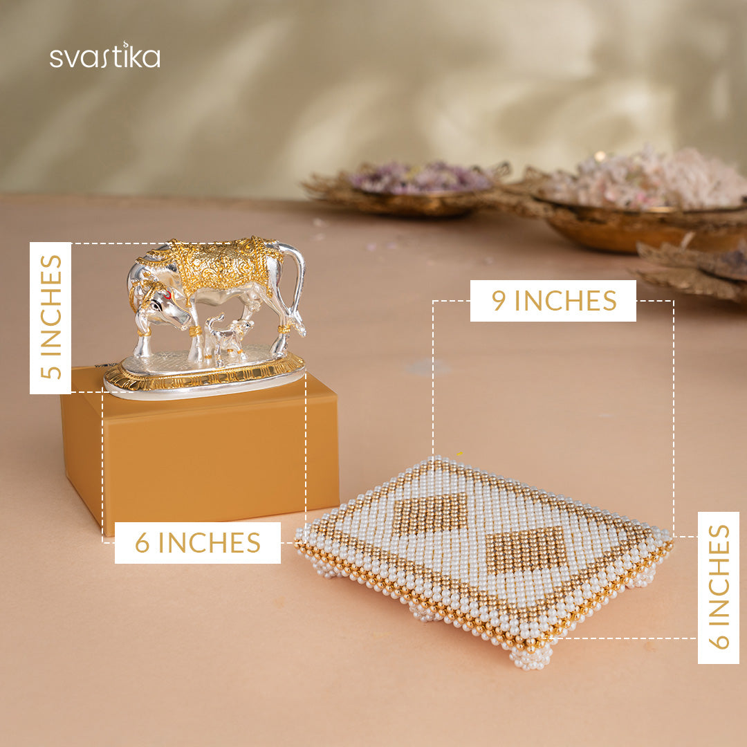 Kamdhenu Cow with Calf Idol - Gold & Silver Plated (5 Inch) with White & Gold Pearl Pooja Chowki (9 inch) - Combo