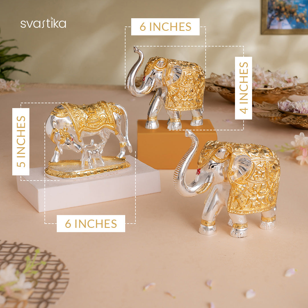 Kamdhenu Cow with Calf Idol - Gold & Silver Plated (5 Inch) with TrunkUp Elephant Pair - Gold & Silver Plated (6 Inch) - Combo