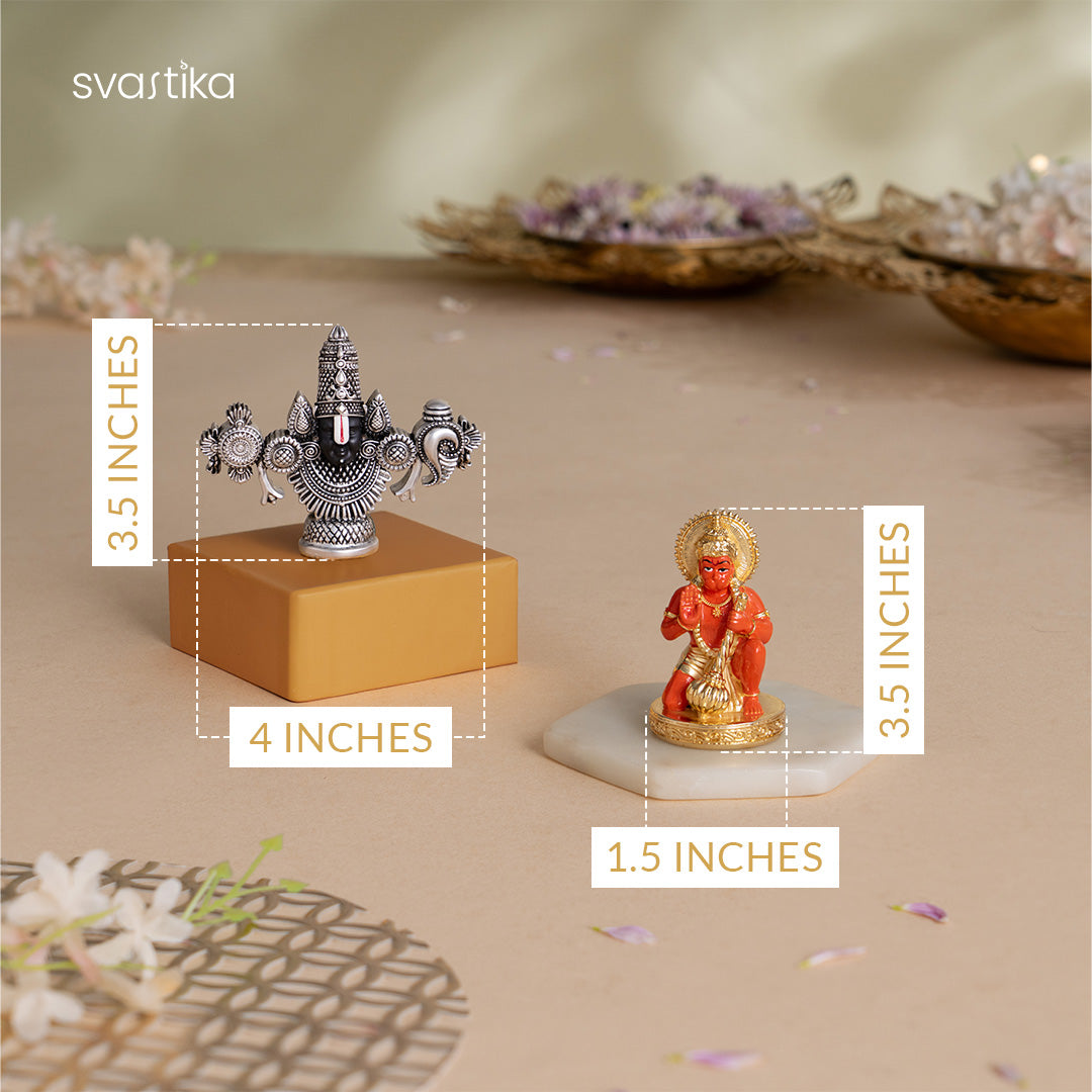 Lord Balaji Face Idol - Silver Plated (4 Inch) with Sinduri Hanuman Murti For Car Dashboard - Gold Plated (3.5 Inch) - Combo