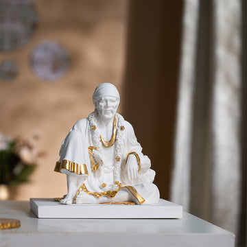 Luxurious White & Gold Sitting Sai Baba Idol (6 Inch)
