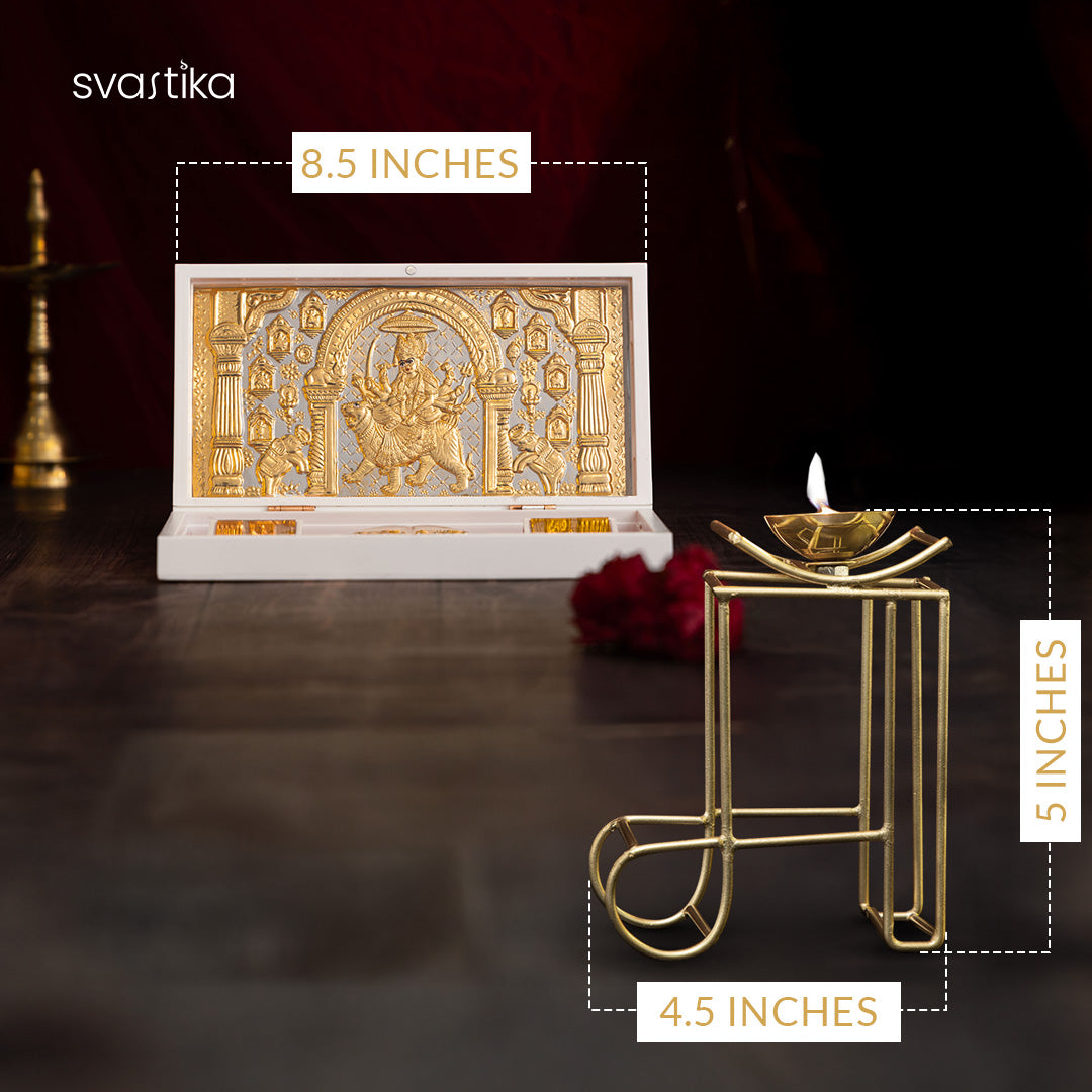 Puskara Nav Durga Pocket Temple - Gold Coated (Small) with Brass Maa Symbol Diya (5 Inch) - Combo