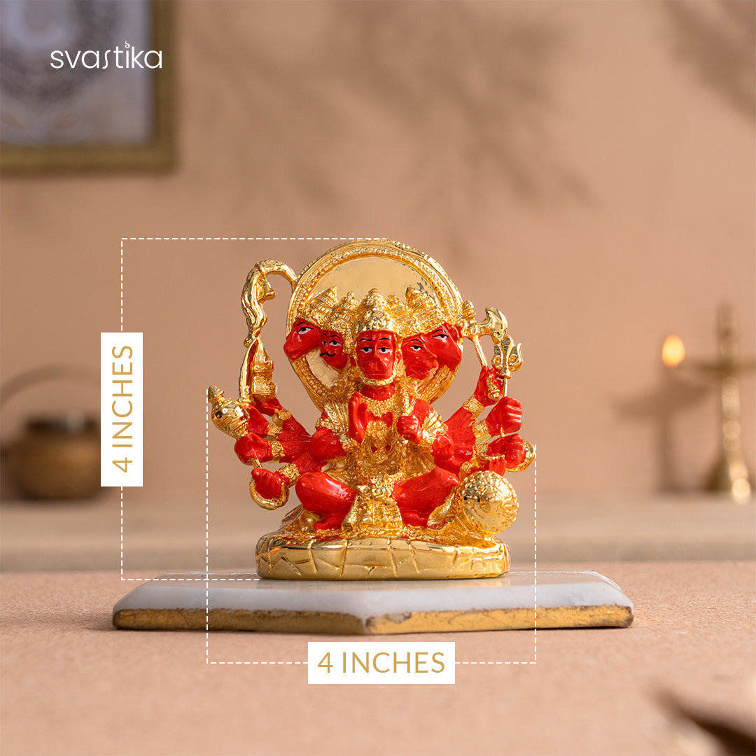 Panchmukhi Hanuman Statue With Orange Enamel - Gold Plated