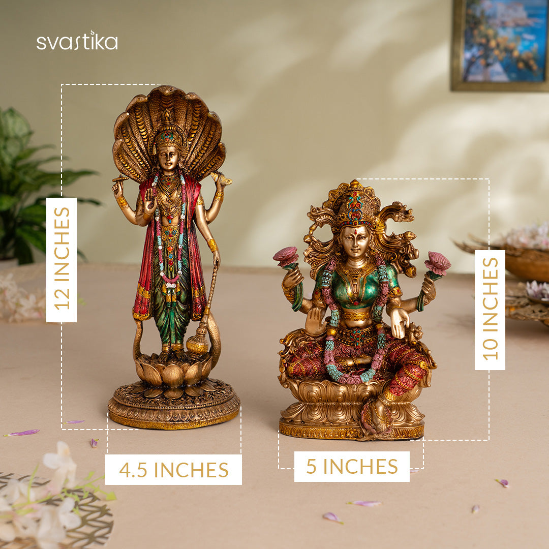 Lord Vishnu Standing Antique Idol (12 Inch) with Goddess Lakshmi Maa Antique Murti (10 Inch) - Combo
