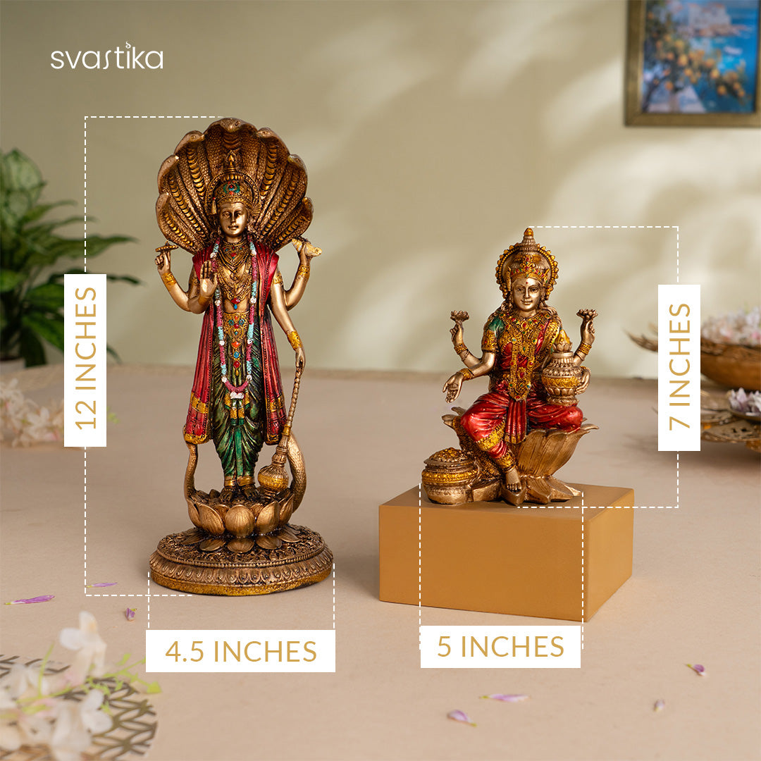 Lord Vishnu Standing Antique Idol (12 Inch) with Goddess Lakshmi Antique Idol (7 Inch) - Combo