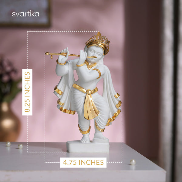 White & Gold Lord Krishna murti Playing Flute 