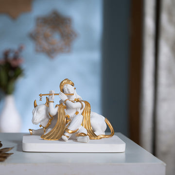 Luxurious White & Gold Lord Krishna With Cow Idol (5.5 Inch)