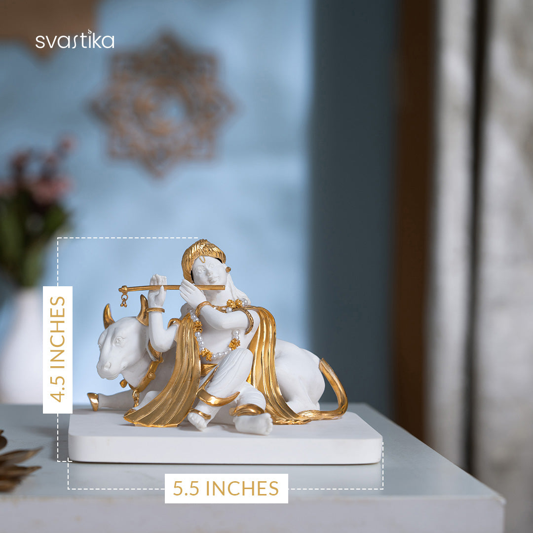 White & Gold Lord Krishna With Cow statue 