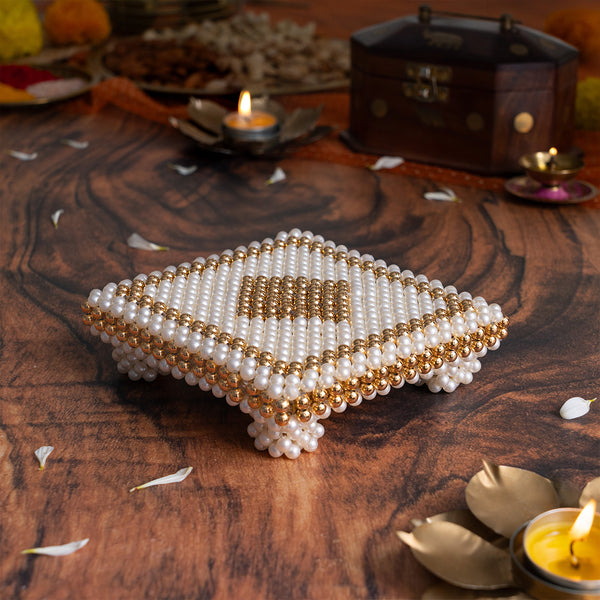 White & Gold Pearl Pooja Chowki 