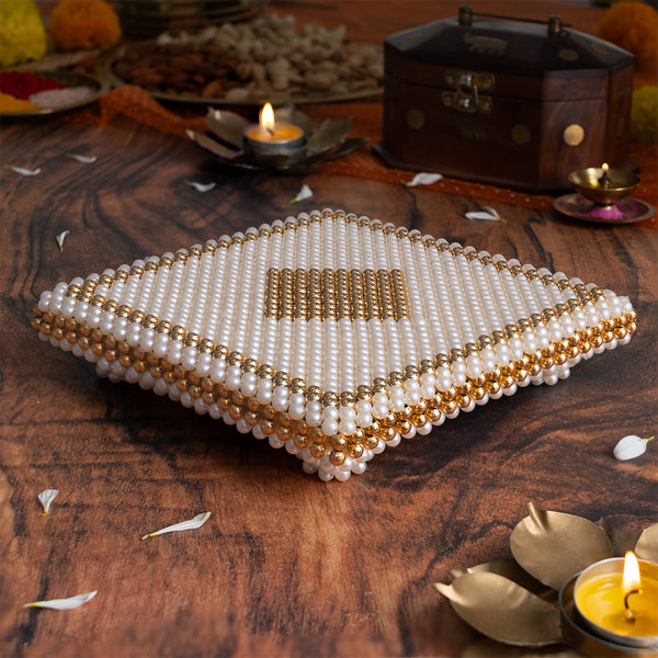 White & Gold Pearl Pooja Chowki 