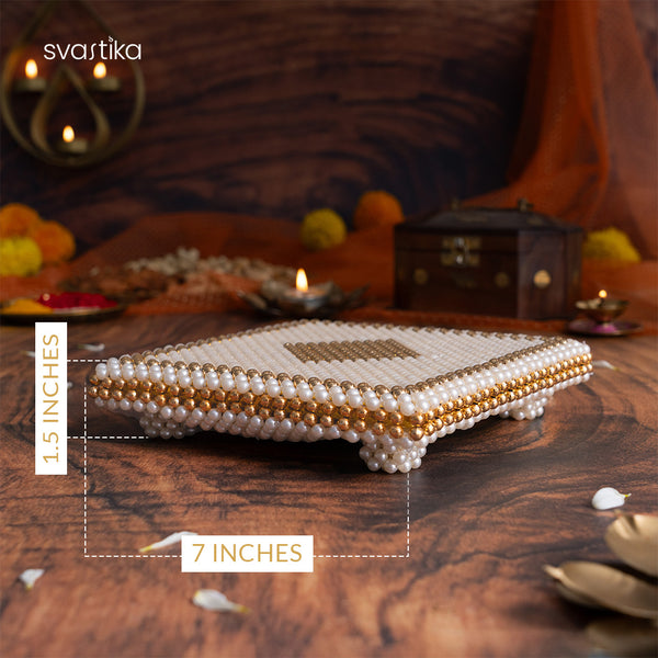 White & Gold Pearl Pooja Chowki (7 Inch)