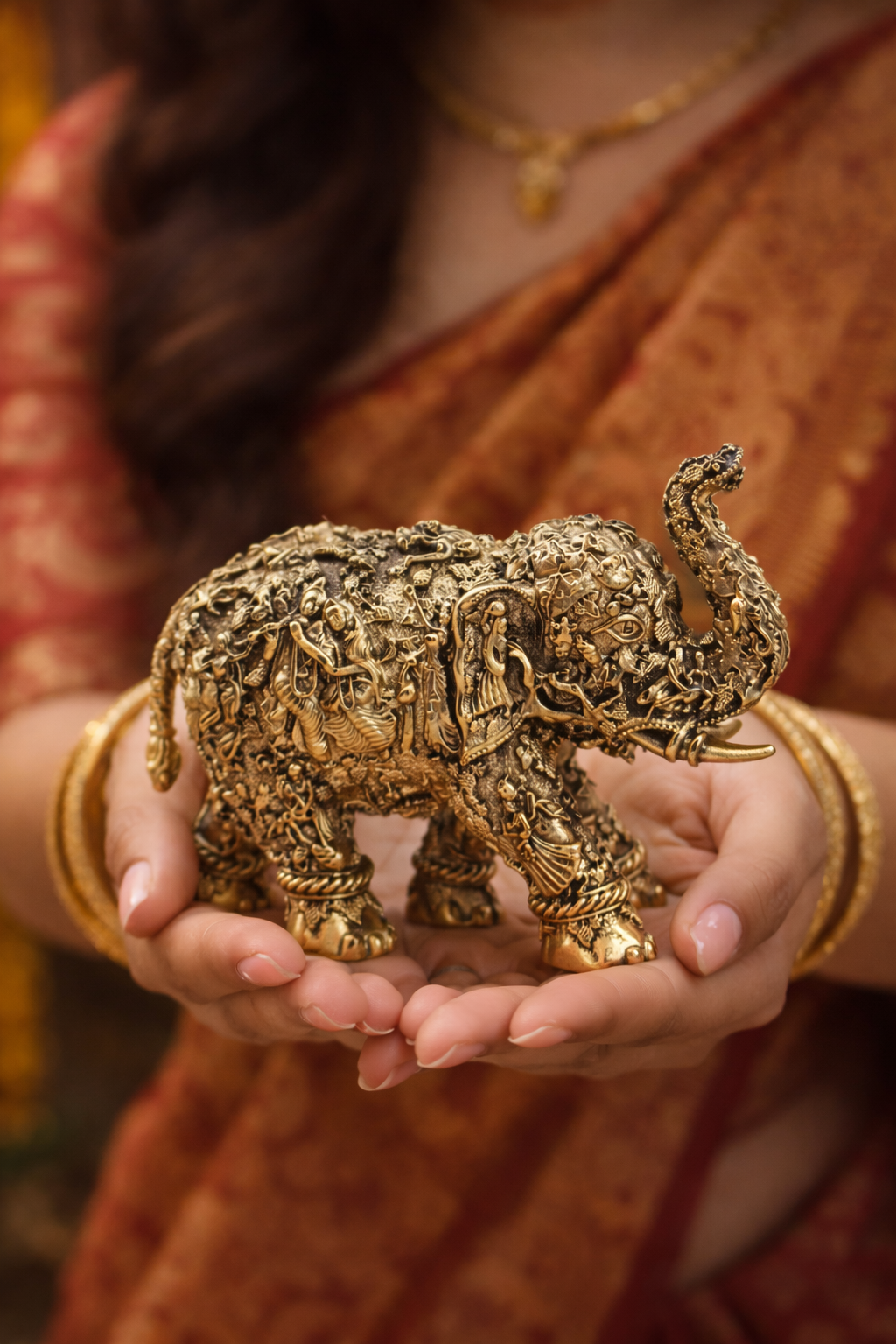 Radha Krishna Brass Elephant Statue | Decorative Hathi with Divine Murals for Puja & Decor