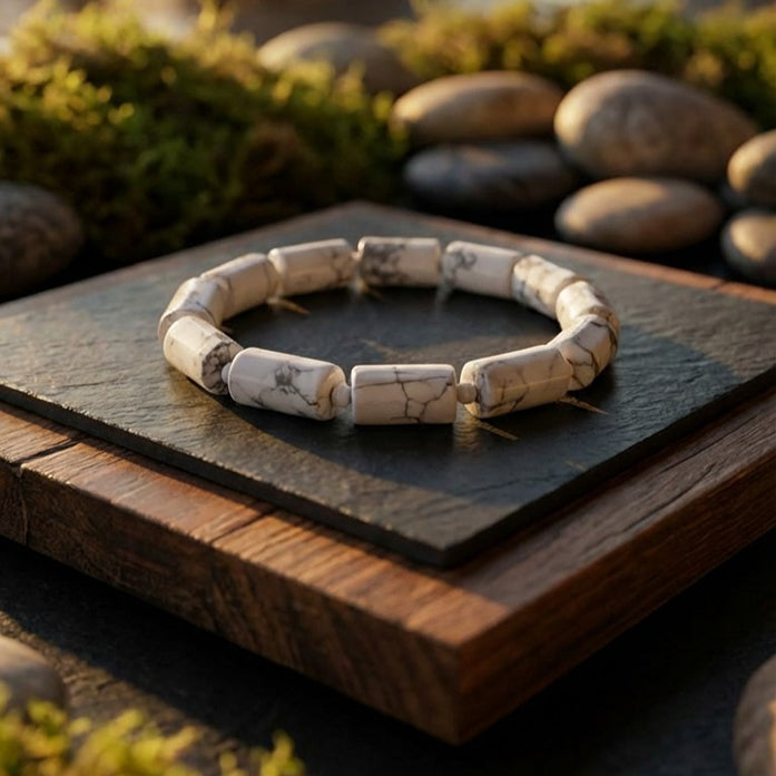 Bracelet with natural stone beads on a wooden surface with a stone background