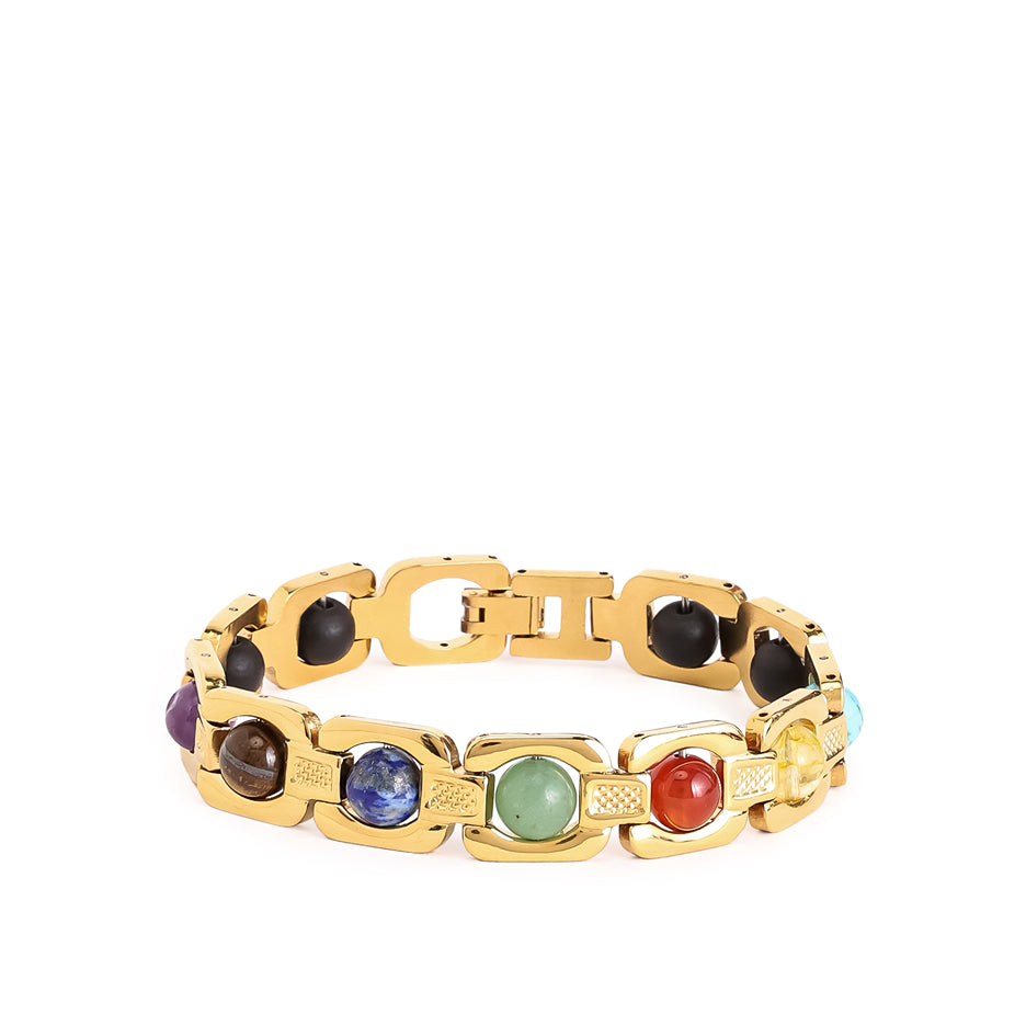 Navratna Link Chain Bracelet In Gold Finish