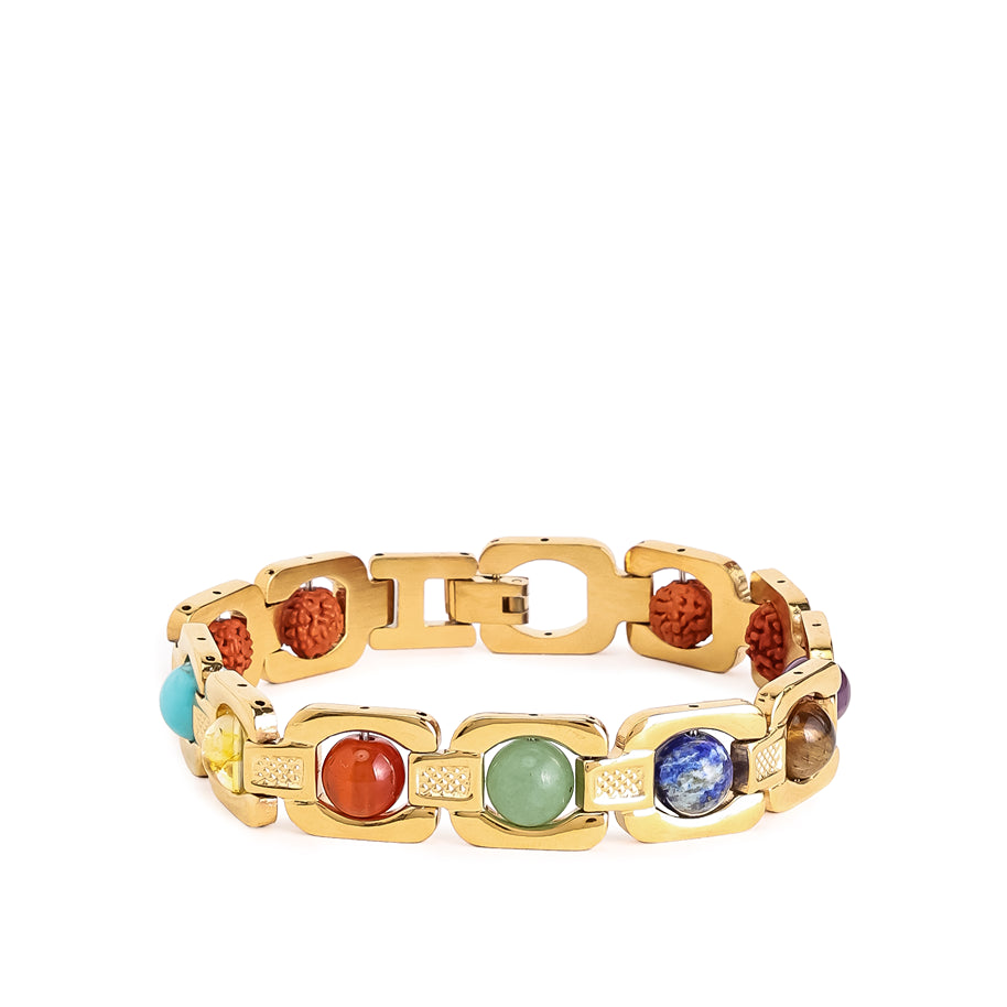 Navratna Link Chain Bracelet with Rudraksha in Gold Finish