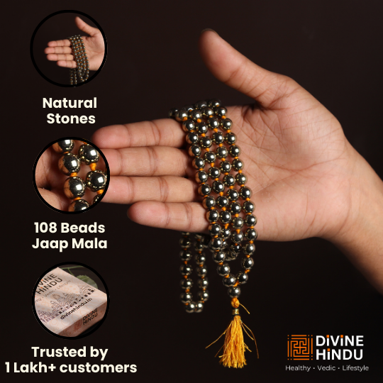Features of Golden Pyrite Stone Necklace 108 Beads Mala 