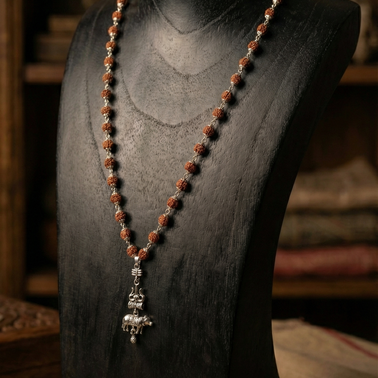 Silver Cap Rudraksha Mala with Shiv Trishul Nandi Pendant