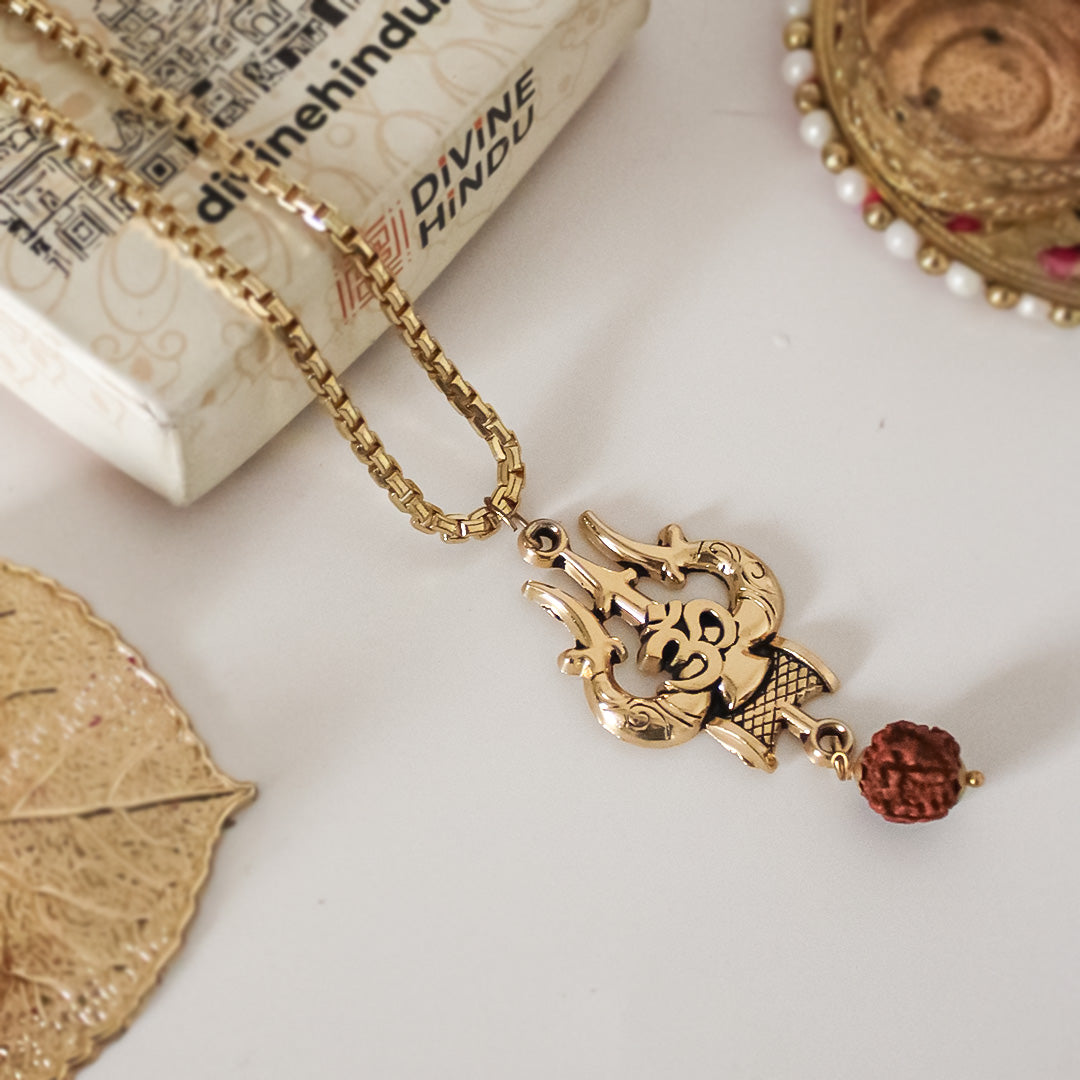 Gold Plated OM Shiva Trishul Chain Necklace